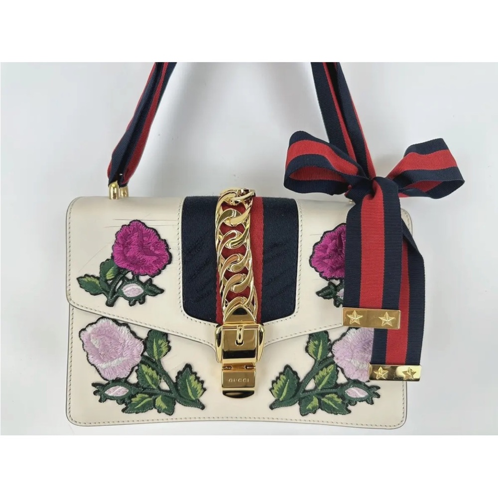 SOLD-Gucci Sylvie Leather Shoulder Bag White Embroidered Web Strap 10"x6.5" - Picture 3 of 15